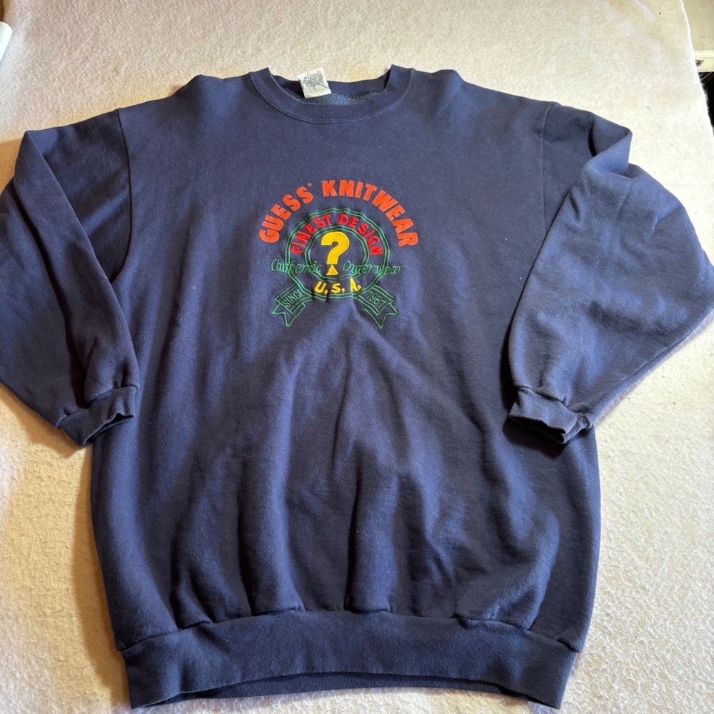 VINTAGE GUESS KNITWEAR SWEATSHIRT MEN'S ONE SIZE NAVY BLUE QUESTION MARK LOGO